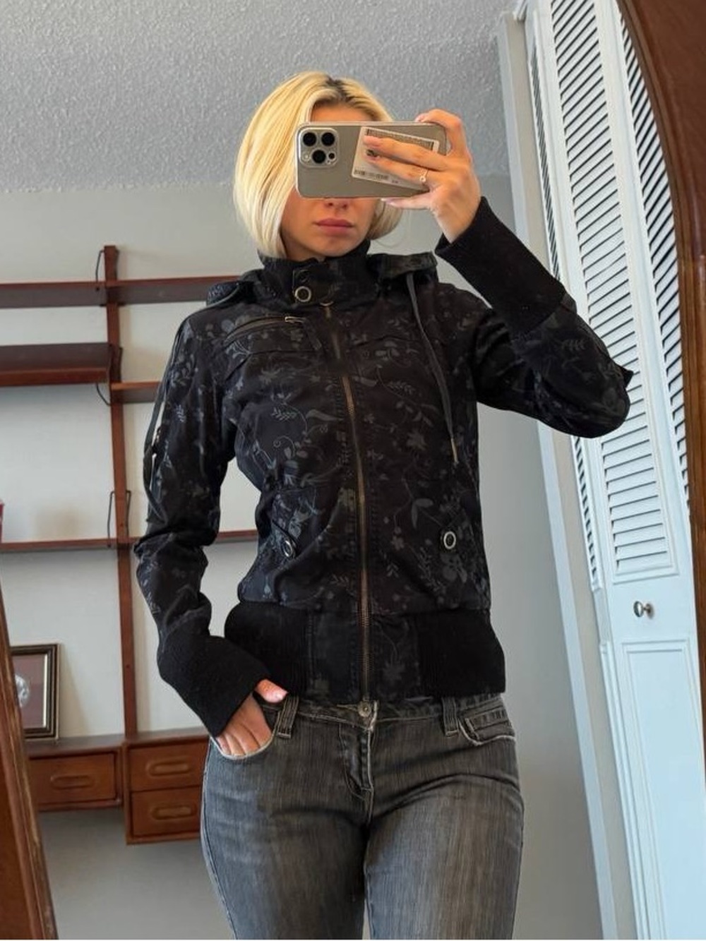 Y2K Black Patterned Hooded Zip Fitted Jacket